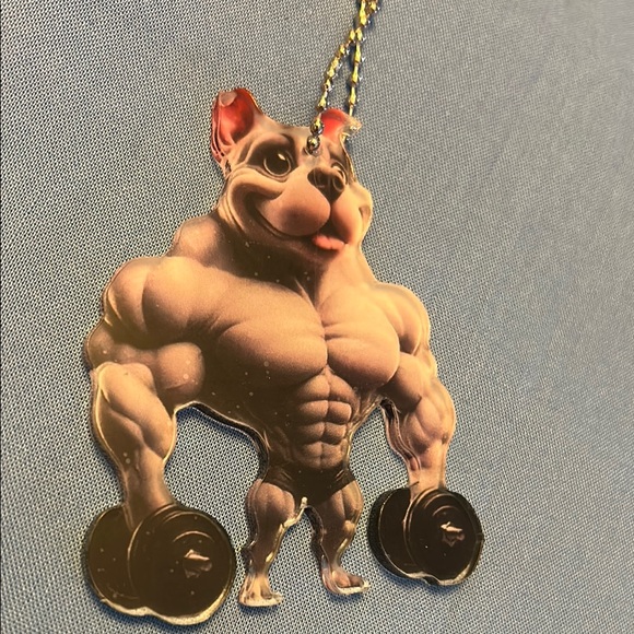 Muscular Dog 2D Acrylic Car Mirror Charm Ornament Zipper Pull Backpack Gym Bag - Picture 3 of 10